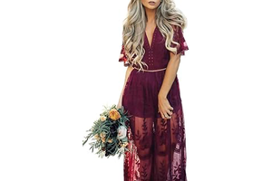 Women's Deep V-Neck Lace Romper Short Sleeve Long Dress: OEM Production and Sizing Notes