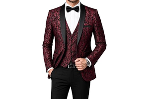 Men's Slim Fit Jacquard Tuxedo 3 Piece Suit, Shawl Lapel Floral Blazer Jacket Vest Pants Set for Wedding Prom Party: Jacquard Weave and Production Notes