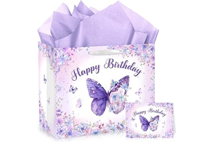 LUUFILx Butterfly Birthday Gift Bag for Girls Women Butterfly Flower Party Favor Bags with Wrapping Paper Card Purple Pink Floral Gift Bag for: Print Design and Production Notes