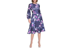 Women's Floral Poet Sleeve Midi Dress - Satin Jacquard Boat Neck Dress: Jacquard Weave and Production Notes