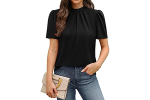 Womens Tops Short Puff Sleeve Shirts Mock Neck Pleated Spring Blouses Dressy Casual Business Casual Summer Outfits: OEM Production and Sizing Notes