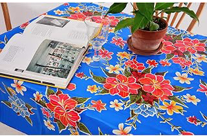 Alux Hibiscus Flowers Oilcloth Tablecloth for Patios, Picnic and Kitchen Tables - Blue and Red - Plastic Vinyl - Mantel de Plastico: Fabric Sourcing and Quality Notes