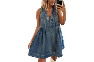 Women's Sleeveless V Neck Denim Romper Dress Tie Front Ruffle Flowy Cute Loose Jean Dresses with Pockets: OEM Production and Sizing Notes