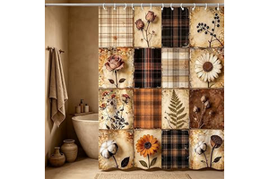 Boho Patchwork Floral Plaid Shower Curtain, Rustic Fall Botanical Print, Farmhouse Style Bathroom Decor Waterproof Fabric Shower Curtains Sets: Print Design and Production Notes