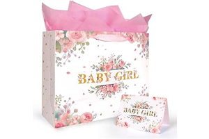 13'' Large Pink Floral Gift Bag for Baby Girl - Includes Wrapping Paper, Pink Tissue Paper, and Card for Newborn Gifts, Showers, Birthdays, and: Print Design and Production Notes