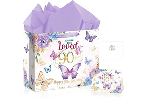 90th Birthday Gifts for Women Floral Butterfly 90th Birthday Gift Bag with Purple Wrapping Paper Card Sticker Envelope for Mom Grandma Cheers to: Print Design and Production Notes