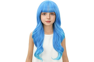 Ombre Blue Wig for Kids Long Light Blue Wig with Bangs Long Wavy Curly Wigs Heat Resistant Synthetic Wigs with Cap: Ombre Dyeing and Production Notes