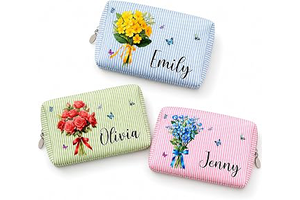 WANDER PRINTS Birth Flower Bouquet Personalized Striped Cosmetic Bag: Print Design and Production Notes