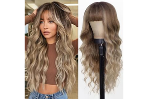AISI QUEENS Ombre Blonde Wig with Bangs, Long Wavy Curly hair for Women: Ombre Dyeing and Production Notes