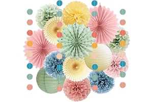 Retro Boho Rainbow Party Decorations Pastel Boho Party Decor Sage Green Dusty Pink Blue Yellow Cream Paper Pom Poms Paper Lanterns for Retro: Ombre Dyeing and Production Notes
