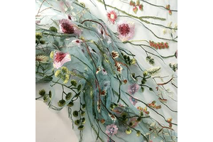 Green Exquisite Colorful Floral Flower Embroidered Sewing Lace Fabric, Length 71" Width 59" Elegant Soft Tulle Dress Fabric for DIY Clothing: Fabric Sourcing and Quality Notes