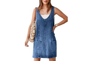 Women's Denim V Neck Sleeveless Overall Dress Casual Mini Pinafore Dress Short Jumper Jeans Dress with Pocket: OEM Production and Sizing Notes