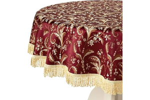 Violet Linen Luxury Damask Floral Design, Polyester Jacquard, with Fringes, Burgundy, 60 Inch Round, Seats 4 Pepole, Tablecloths: Jacquard Weave and Production Notes