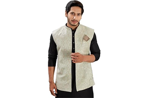 Indian Traditional Jacquard Open Waistcoat Weddings & Festive Occasions Nehru Jacket For Men: Jacquard Weave and Production Notes